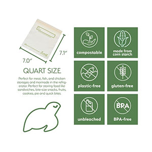 100% Compostable Food Storage Bags [Quart 100 Pack] Eco-Friendly Freezer Bags, Resealable Bags, Heavy-Duty, Biodegradable, Reusable, Off-White by Earth's Natural Alternative
