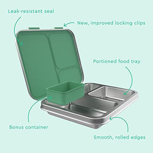 Bentgo® Kids Stainless Steel Leak-Resistant Lunch Box - New & Improved 2022 Bento-Style with Upgraded Latches, 3 Compartments, & Bonus Container - Eco-Friendly, Dishwasher Safe, BPA-Free (Green)
