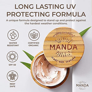 MANDA Organic Sun Paste - Natural, Reef & Ocean Safe - SPF 50 Sunscreen - Thanaka & Organic Ingredients for Active Lifestyles - Surfers, Hikers, Cyclists, Athlete Sunblock paste - 1.4oz