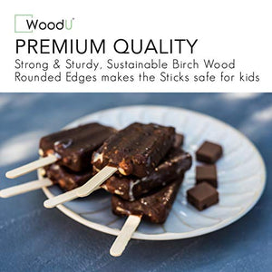 WoodU Popsicle Sticks 4.5″- Splinter-Free Birch Wood Ice Pop Sticks-100% Compostable and Biodegradable Wooden Craft Sticks for Arts & Crafts Projects, Ice Cream, Waxing and Treat (200 Pieces)
