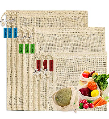 KerKoor Reusable-Cotton-Mesh-Produce-shopping-Bags-Washable Eco Friendly Premium See Through Lightweight Net zero Bulk Bags for Veggie Fruit Vegetable Grocery Storage (9 Packs)