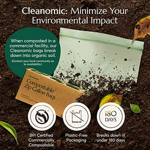 Cleanomic Compostable* Gallon Size Food Storage Bags (25 Eco Zip) Freezer and Leak Proof, Also Available Quart, Snack and Sandwich Bags