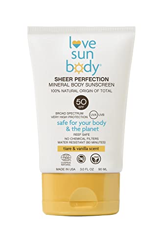Love Sun Body 100% Natural Origin Sheer Perfection Mineral Body Sunscreen SPF 50 Broad Spectrum Tiare & Vanilla Scent, Sunblock Lotion, Sensitive Skin Safe, Travel Size, Reef Safe, Cosmos Natural