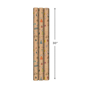 Hallmark Recyclable Wrapping Paper with Cutlines on Reverse (3 Rolls: 60 sq. ft. ttl) Kids Birthday, Retro Icons, Roller Skates, Skateboard