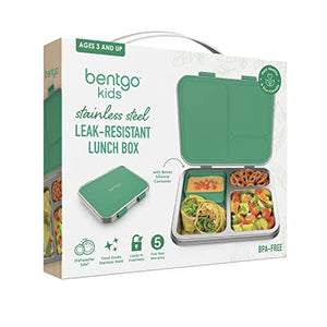 Bentgo® Kids Stainless Steel Leak-Resistant Lunch Box - New & Improved 2022 Bento-Style with Upgraded Latches, 3 Compartments, & Bonus Container - Eco-Friendly, Dishwasher Safe, BPA-Free (Green)