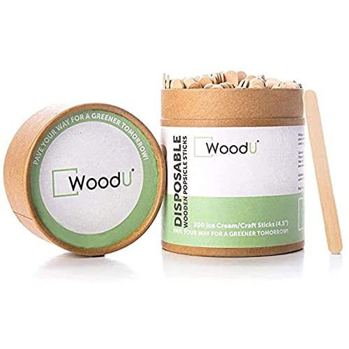 WoodU Popsicle Sticks 4.5″- Splinter-Free Birch Wood Ice Pop Sticks-100% Compostable and Biodegradable Wooden Craft Sticks for Arts & Crafts Projects, Ice Cream, Waxing and Treat (200 Pieces)