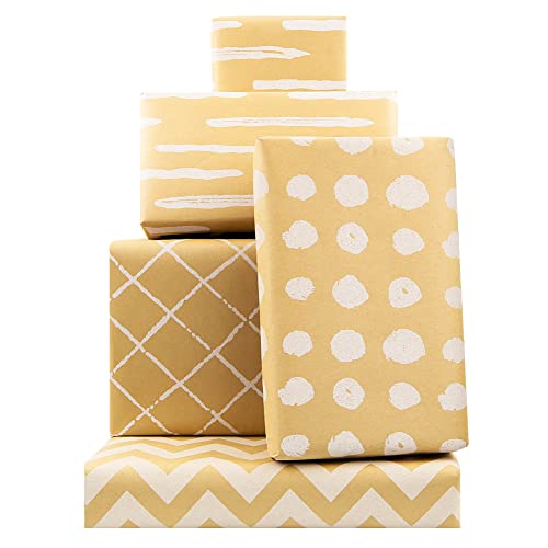 Brown Recyclable Kraft Gift Wrapping Paper 4 Rolls 17 Inch X10 Feet Per Roll with Stripe Dots Waves Pattern 3D White Printed Kraft Recycled Paper for Holidays, Weddings, Birthday, Winter Solstice