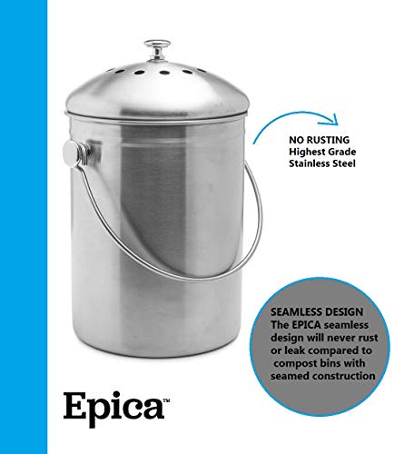 Utopia Kitchen UK0051 1.3 Gallon Compost Stainless Steel Bin - Silver  754207387623