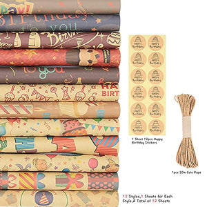 Happy Birthday Wrapping Paper, Recycled Kraft Wrapping Paper, Birthday Gift Wrapping Paper, 12 sheets 20 x 28 inches per sheet, Brown Folded Paper with Jute Strings and Stickers for Kids Girls Boys Women Men