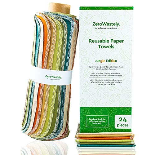 Reusable Paper Towels - Value Pack of 24 Paperless Paper Towels! - 100% Cotton, Super Soft, Absorbent, Washable and Made To Last - Cut Back and Waste Less with our Cloth Paper Towels! By ZeroWastely