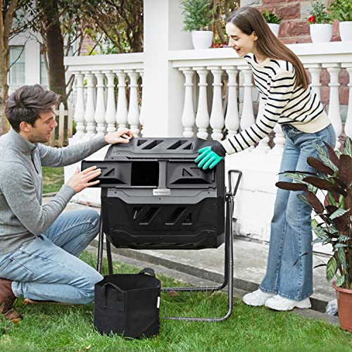 Outdoor Tumbling Composter Dual Rotating Batch Compost Bin, 43 Gallon Black Door