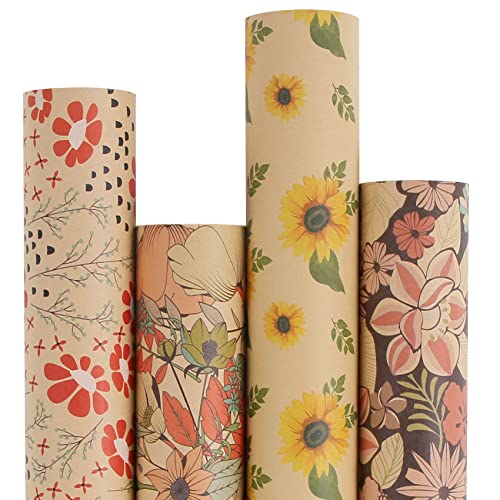 Aimyoo Kraft Floral Wrapping Paper Bundle, Vintage Sunflower Flower Gift Wrap Paper for Wedding Bridal Shower Birthday Rolls of 4, 17 in x 12 ft per Roll