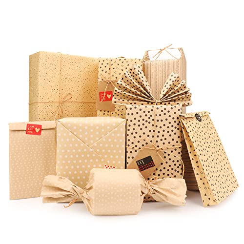 Wrapping Paper, Recycled Gift Wrapping Paper, Wrapping Paper for Birthday, Baby Showers and All Occasions, 20 x 28 inches 6 sheets, Baby Wrapping Folded Paper with Kraft paper rope and Cards, Folded Flat, Not Rolled