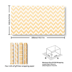 Brown Recyclable Kraft Gift Wrapping Paper 4 Rolls 17 Inch X10 Feet Per Roll with Stripe Dots Waves Pattern 3D White Printed Kraft Recycled Paper for Holidays, Weddings, Birthday, Winter Solstice