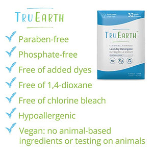 Tru Earth Hypoallergenic, Readily Biodegradable Laundry Detergent Sheets/Eco-Strips for Sensitive Skin, 32 Count (Up to 64 Loads) - Fresh Linen Scent