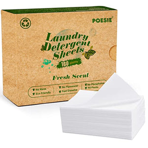 Poesie Laundry Detergent Sheets Eco-Friendly 160 Sheets Clear Plastic-Free Hypoallergenic Liquid Less Washing Sheets for Home Dorm Travel Camping & Hand Washing Clean No Waste Fresh Scent