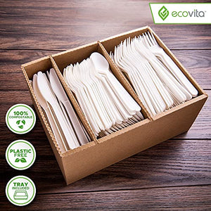 100% Compostable Forks Spoons Knives Cutlery Combo Set - 380 Large Disposable Utensils (7 in.) Eco Friendly Durable and Heat Resistant Alternative to Plastic Silverware with Convenient Tray by Ecovita